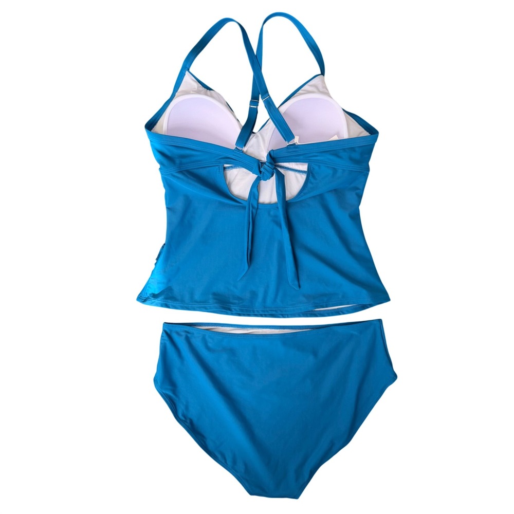 Teal Ruched Full Coverage Tankini Built In Bra w/High Waisted Bottoms XL NEW - Picture 5 of 10
